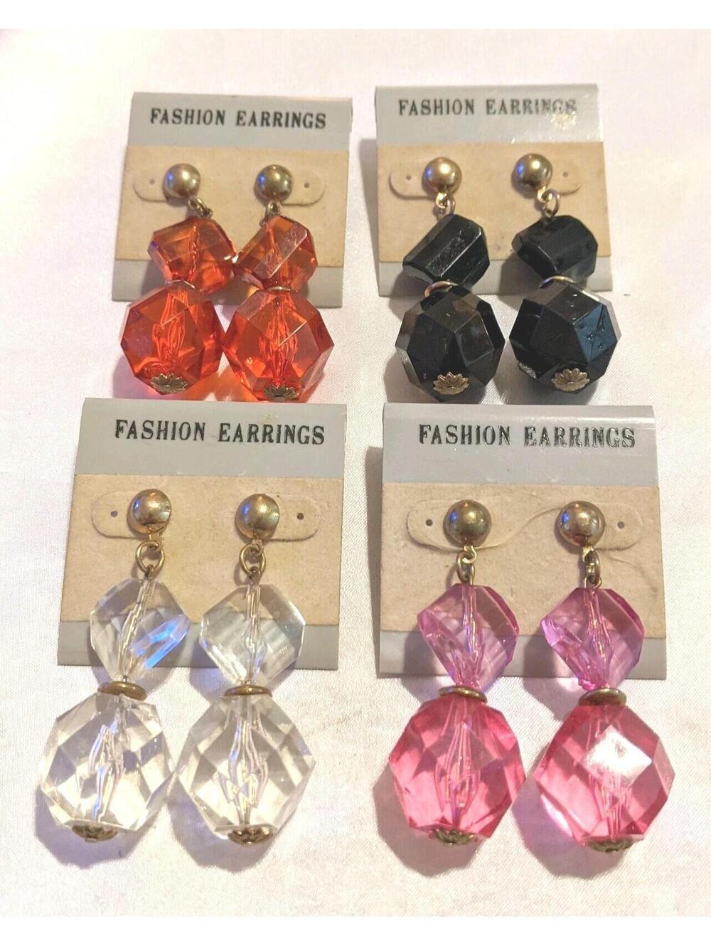 Vintage 80s Faceted Colored Lucite Dangle Earrings 4 Color Options NOS Retro
